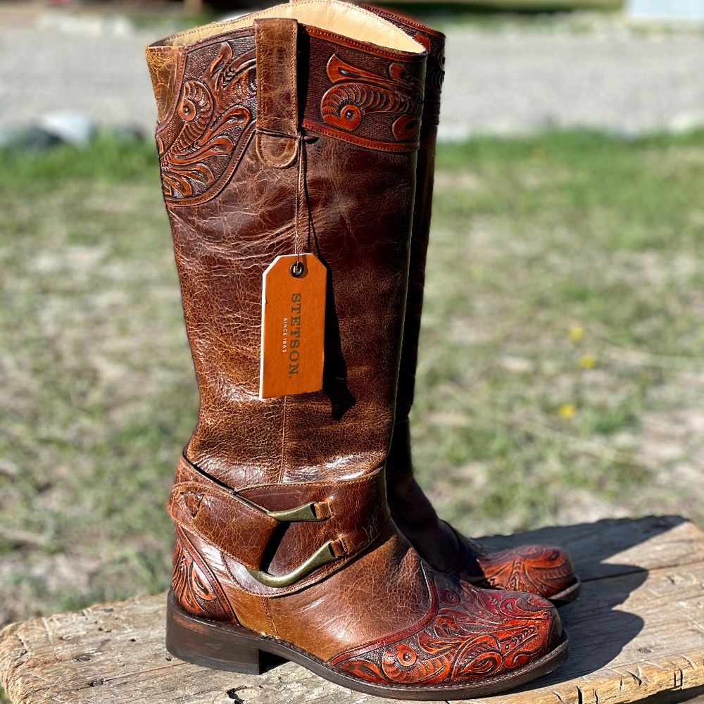 Stetson Paisley Knee High Boots Burnished Cognac